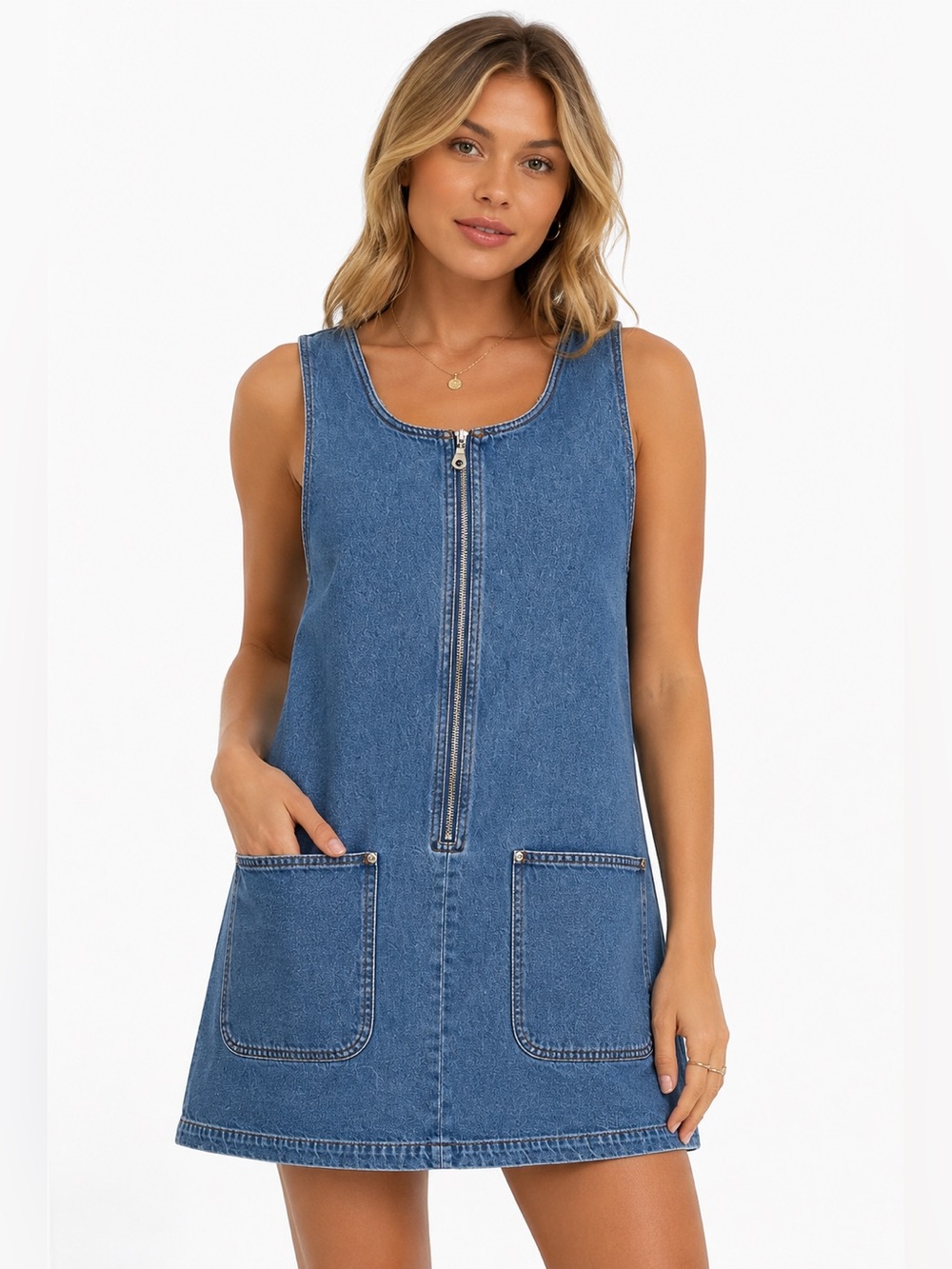 Vintage 90s Savannah Denim Pinafore Dress Oversized Zip Front Pockets Medium